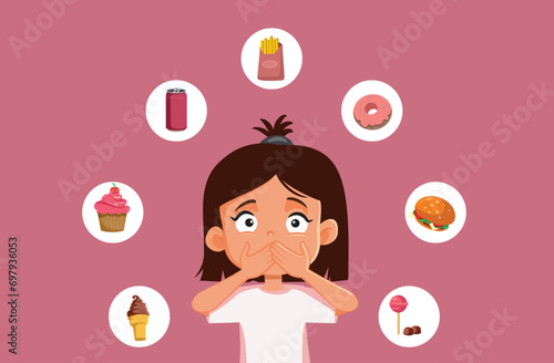 Sick Girl Covering Mouth After Eating Junk Food Vector Character. Unwell Girl Illustration Reacting to Unhealthy Snacking 
