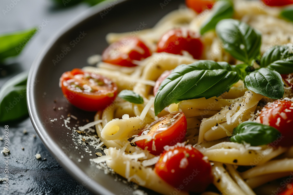 Delicious Pasta or Macaroni on a Plate with Tomatoes and Basil, Close-Up Shot Delicious Pasta or Macaroni on a Plate with Tomatoes and Basil, Close-Up Shot