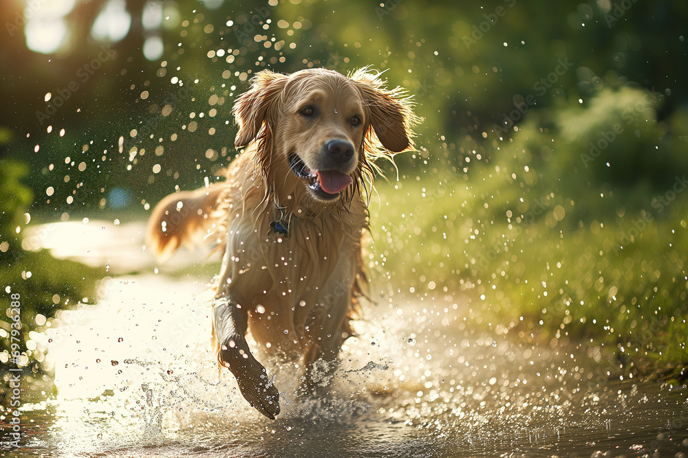 Wet Long-Haired Retriever Dog Joyfully Running Through Puddles