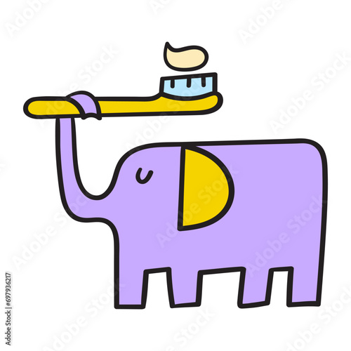 Elephant with toothbrush. Dental hygiene for kids. Cute animal. Flat hand drawn vector illustration