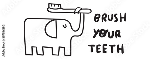 Brush your teeth. Elephant with toothbrush. Dental hygiene for kids. Flat outline vector illustration on white background.