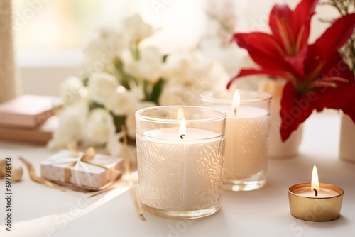 Handcrafted artisan candles in glass jar with lily bouquet background. Serene atmosphere, relaxation