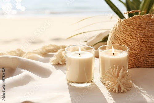 Handcrafted aromatic candles on a beach with a white sand in the background photo