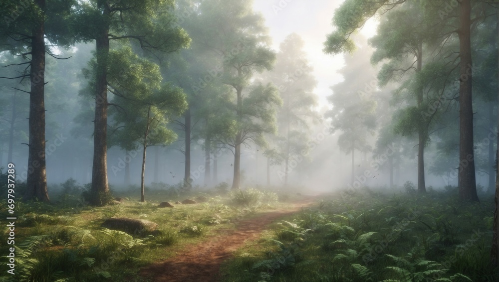 Misty forest landscape with green trees and tranquil atmosphere
