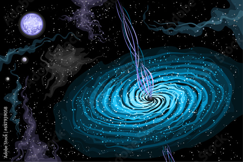 Vector Space Quasar, astronomical horizontal poster with abstract illustration of supermassive quasar with purple beams in deep space, decorative futuristic cosmo print on starry space background