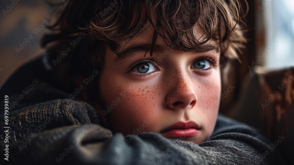 Close-up of a thoughtful boy with freckles and piercing blue eyes Close-up of a thoughtful boy with freckles and piercing blue eyes