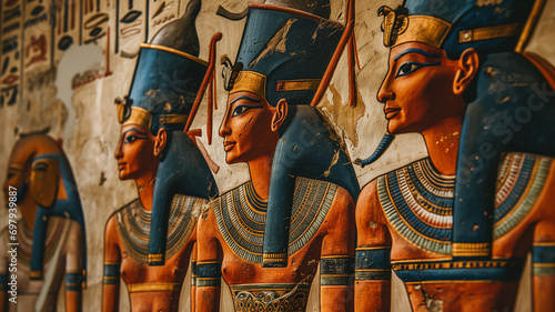 Vivid 3D wall art of Egyptian pharaohs