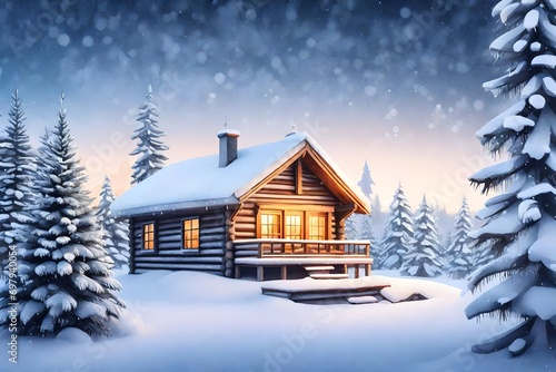 New year and Christmas concept on snowy landscape, a cozy wooden cabin surrounded by snow-covered pine trees, soft glow from windows