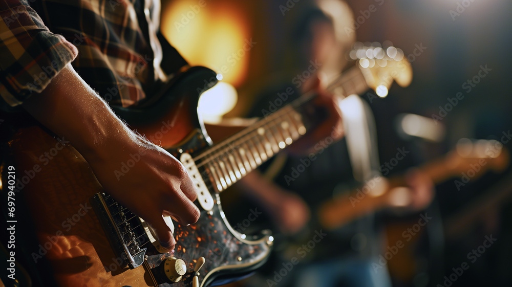 Close-up of a guitarist hands strumming on stage with band  - obrazy, fototapety, plakaty 