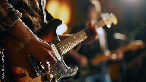 Close-up of a guitarist hands strumming on stage with band  photo