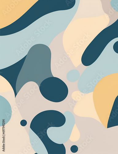 Seamless pattern of colorful abstract shapes on a white background. The shapes are all different sizes and colors