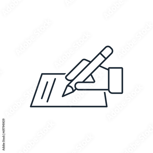 Paper with text and hand with pen. Drawing up documents, applications, request, claim, proposal. Creative work. Vector linear icon illustration isolated on white background.