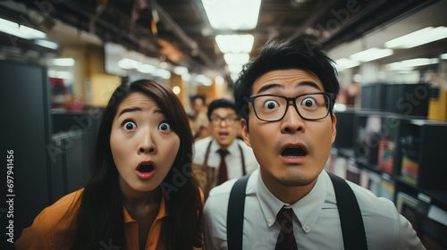 Close-up view of Asian office workers in a retro office - 1980’s feel - vintage style - black and white - monochrome - demanding - frustrated - aggravated - small business - quirky and eccentric charm