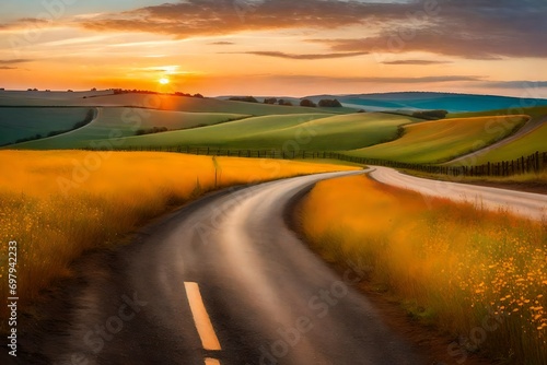 Asphalt road under sunset, a rural road winding through rolling hills, the sky painted with warm pastel tones, a gentle breeze rustling through fields of wildflowers