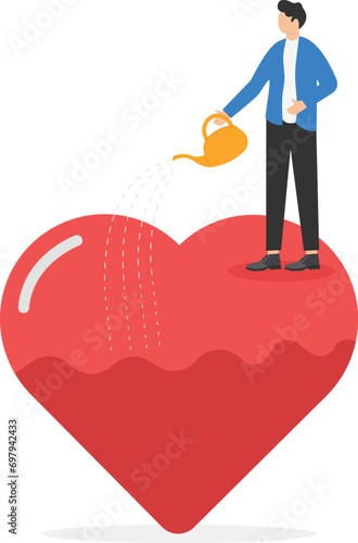 Businessman pouring water to fulfill heart shape metaphor of passion. Work passion, motivation to success and win business competition, mindset or attitude to work in we love to do concept.

