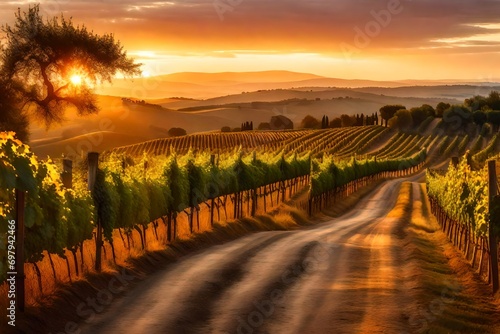 Tuscan road near Siena at sunset, a rustic path through vineyards with grapevines bathed in the golden light, the sun setting behind distant hills