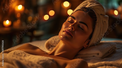 A beauty woman relaxing in an spa and enjoying aroma therapy after massage