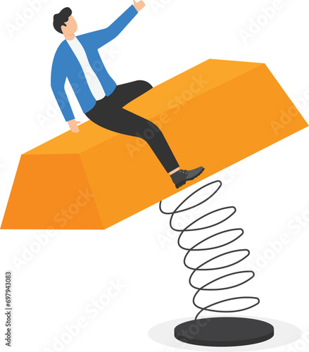 Gold investment, ETF exchange traded funds, make profit from gold, saving or wealth management, hedge against inflation concept, confidence businessman riding rodeo bullion metaphor of invest in gold.