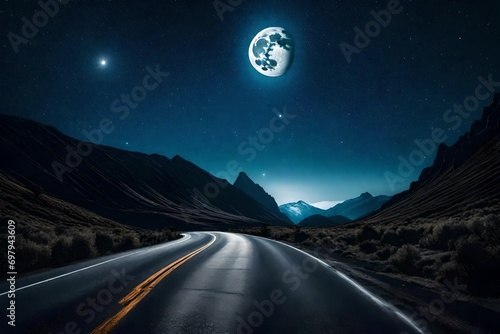 Landscape of road at night with a full moon and stars on the sky, a winding mountain road bathed in moonlight, stars filling the sky like diamonds