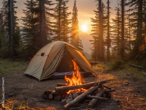 Camping theme with a tent and a campfire on a clearing in the woods outdoors