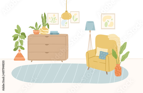 Flat cozy interior, living room with furniture and decor illustration, vector hand drawn design. Home decorations for modern interior. Stylish armchair, carpet, lamp, houseplant, chest of drawers