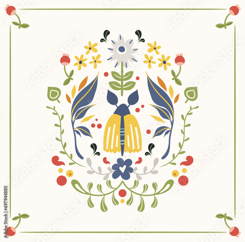 Folk hygge ready to use vector print in Scandinavian style, nordic isolated design on white. Composition with classic ethnic elements. Repeating motifs - mirrored reflected flowers, moth, leaves
