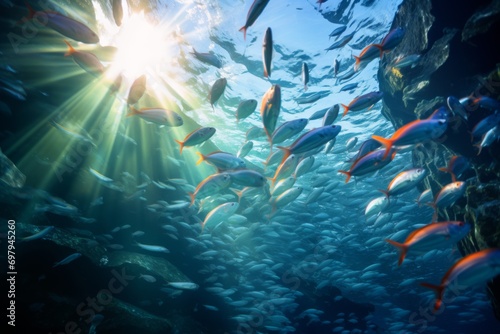The beauty of underwater communities, schools of fish swimming in unison in the ocean currents. © okfoto