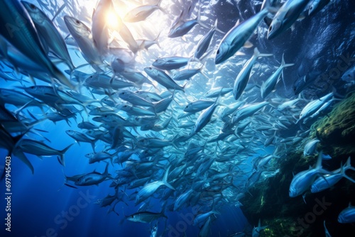The beauty of underwater communities, schools of fish swimming in unison in the ocean currents.