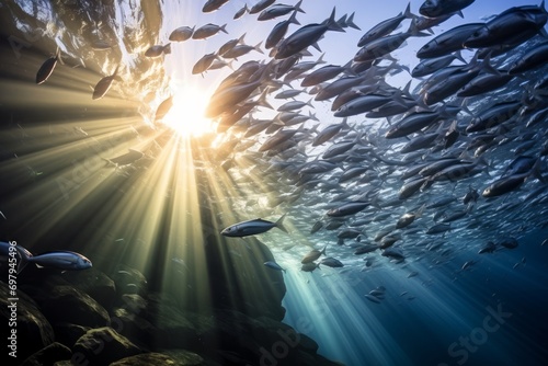 Schools of fish swimming in unison in the ocean currents, marine life concept. #697945496