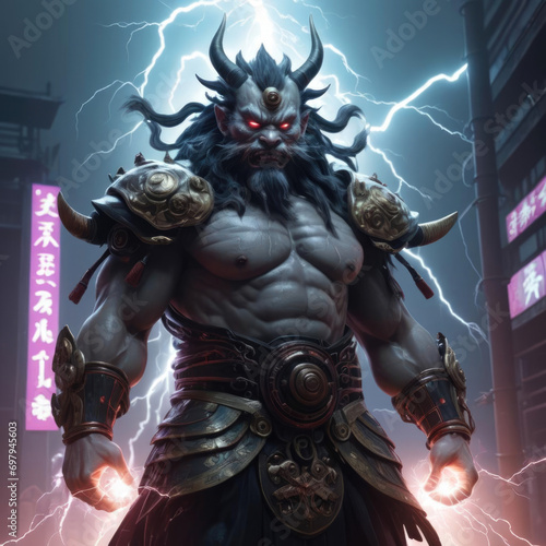 Raijin - Thunder God Generating Electricity in Cyberpunk Power Plant Gen AI photo