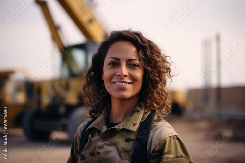 Portrait of smiling female construction worker standing in front of a construction site photo