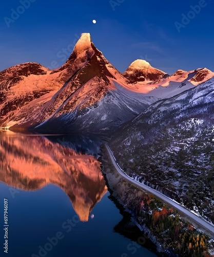 mount hood state.The view towards Romsdalshorn and Troll wall in Romsdalen, Norway. A famous tourist attraction. photo