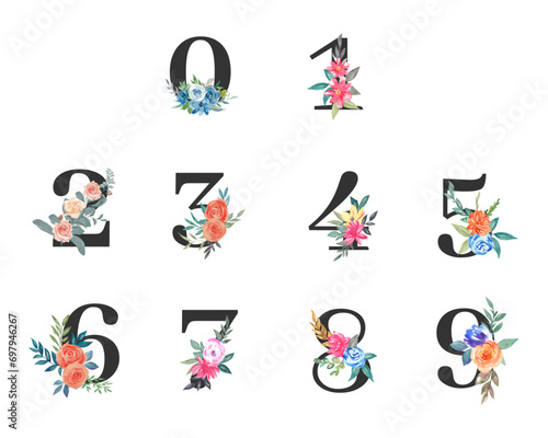 1 to 9 numbers floral decoration vector illustration