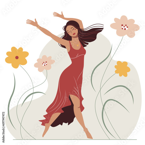 Beautiful dancing girl an a dress. Cute cartoon young graceful woman with a flowers.