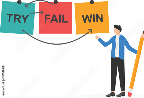 Purpose and movement to success despite obstacles. Try - Fail - Success. Flat vector illustration.

