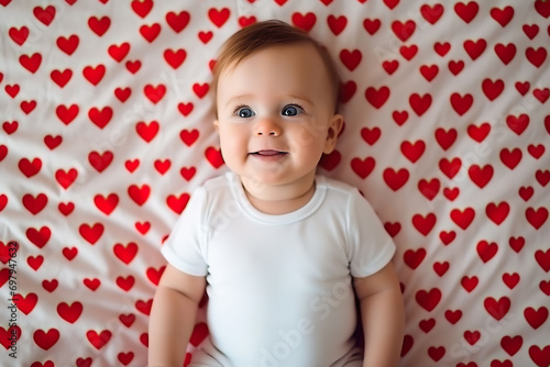 Cute little baby in white bodysuit on a blanket with red hearts. Baby bodysuit mockup. photo