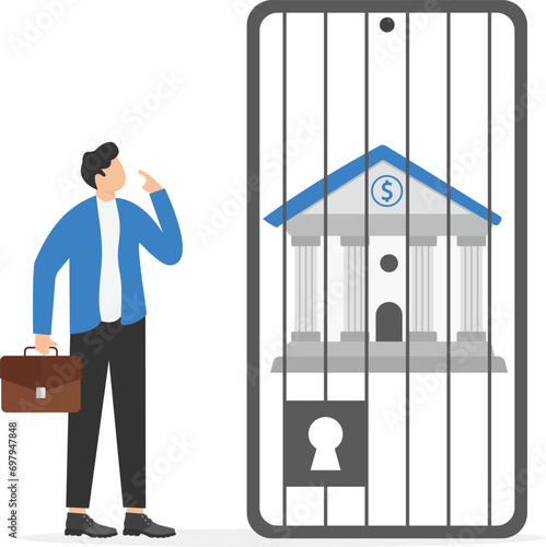 Businessman look at bank building locked inside screen smartphone. Financial sanction disconnect from SWIFT international money transfer. Flat vector illustration.

