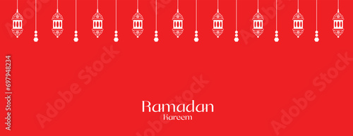 Ramadan Kareem wishes or greeting banner red background with bokeh effect banner design with moon, lamp, social media ramazan wishing or sale, advertisement, banner, poster, design vector illustration