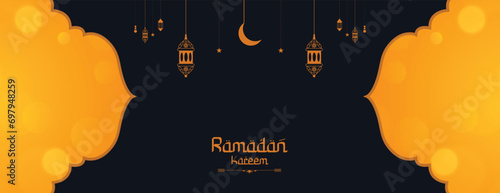 Ramadan Kareem wishes or greeting banner dark background with bokeh effect banner design with moon, lamp, social media ramazan wishing or sale, advertisement, design vector illustration