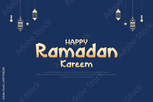 Ramadan kareem wishes or greeting card blue background banner design with ramzan, ramazan, text, font, lamp, social media ramazan wishing or sale, advertisement, design vector illustration photo