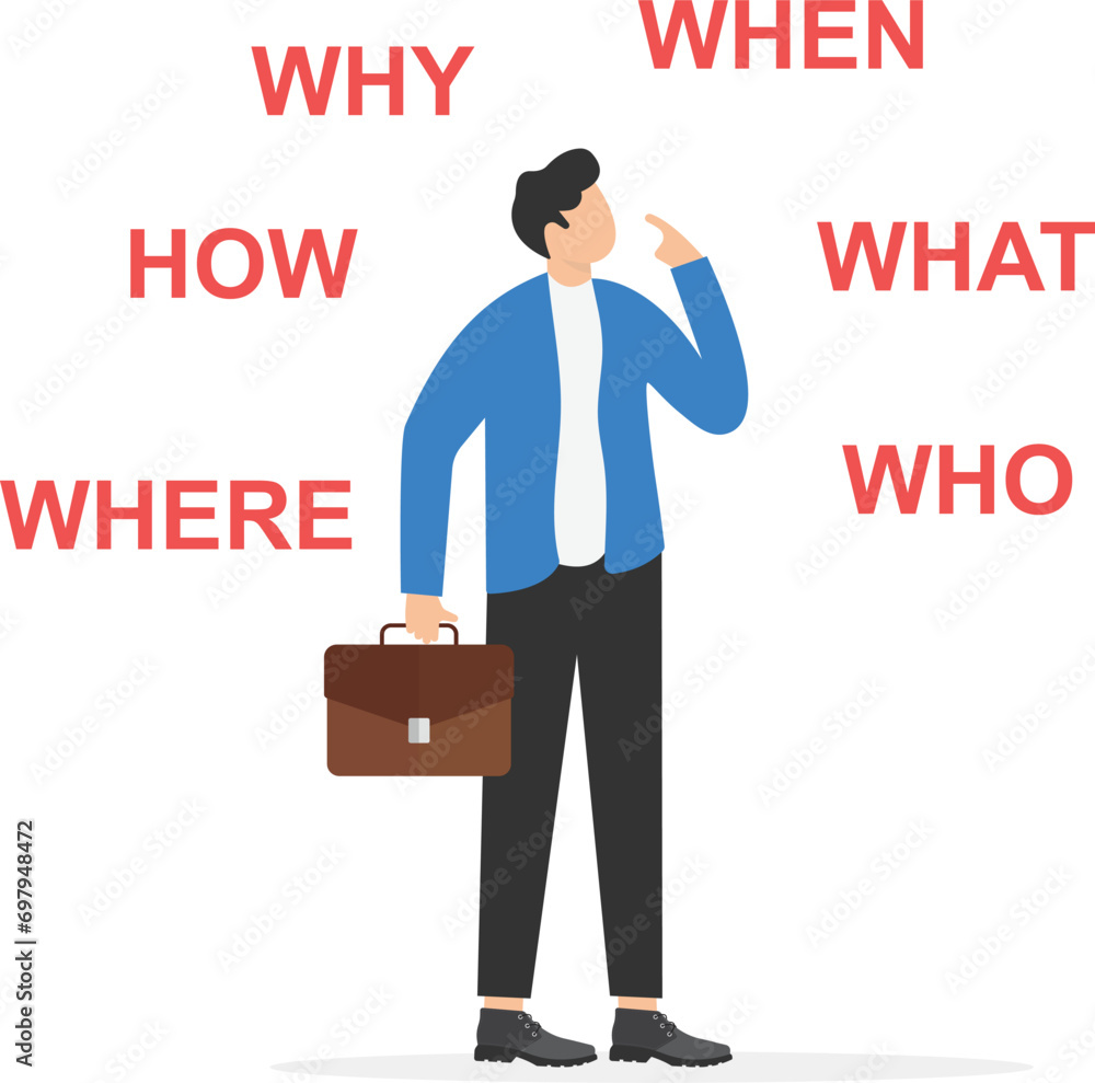 Businessman thinking of who what where when why and how. 5w1h asking ...