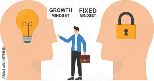 Businessman stood in the middle of two thoughts. Comparison between fixed mindset vs growth mindset. Modern flat vector illustration.

 photo