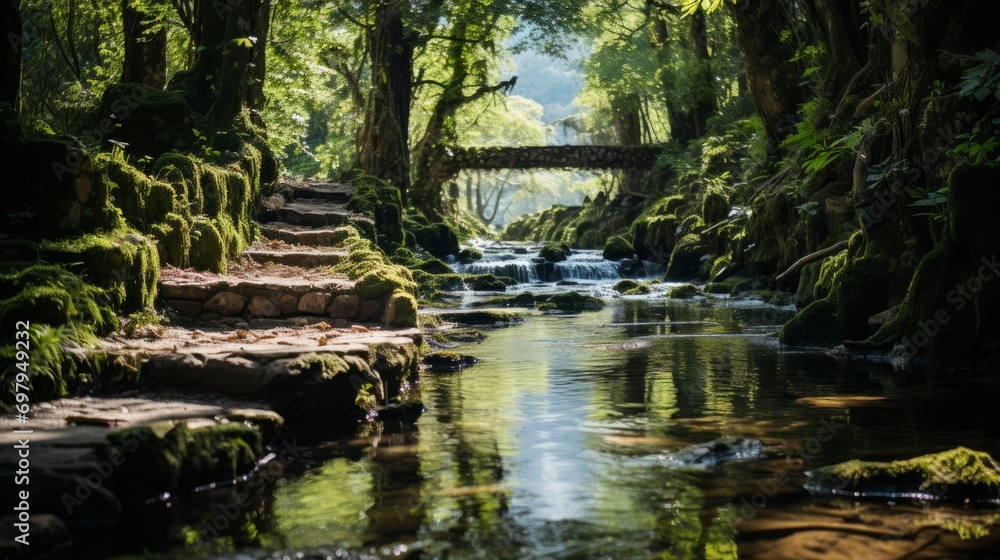 Serene waters flow beneath a lush canopy, bridged by nature's harmonious connection between land and water in this picturesque state park Serene waters flow beneath a lush canopy, bridged by nature's harmonious connection between land and water in this picturesque state park
