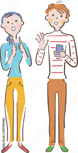 手話とスマホでコミニュケーションするカップル　イラスト