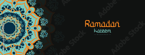 Ramadan Kareem wishing, or greeting banner Ramzan Islamic mandala background design with dark blue color social media ramazan wishes or sale, advertisement, banner, poster design vector illustration
