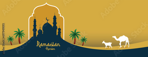 Ramadan Kareen wishes, or greeting, yellow green  background banner design with mosque social media  ramazan wishes sale, advertisement, vector illustration