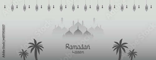 Ramadan Kareen wishing, or greeting, grey color background banner design with mosque lamp, social media ramazan sale, advertisement, vector illustration
