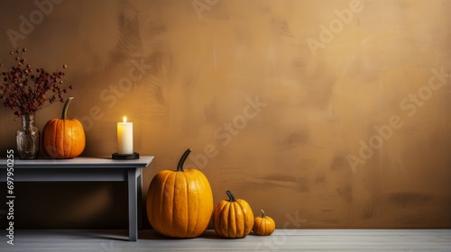A cozy indoor still life of a pumpkin and candle sitting atop a table, surrounded by a wall of gourds and squash, evoking the essence of halloween and the autumn season