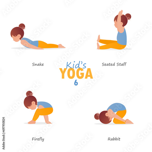 Kid yoga set. Gymnastics, workout or exercise for children and healthy lifestyle. Cartoon kids in different yoga poses. Child character in flat design.  