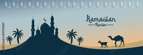 Ramadan Kareem wishes, wishing, or greeting banner Ramzan Islamic background design with moon, mosque, with lamp social media ramazan  sale, advertisement, banner, poster vector illustration